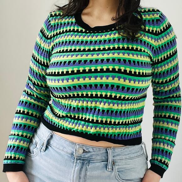 Zara Striped Cropped Green Black Purple Yellow Striped Sweater| sz M | Retro Top - Picture 2 of 7